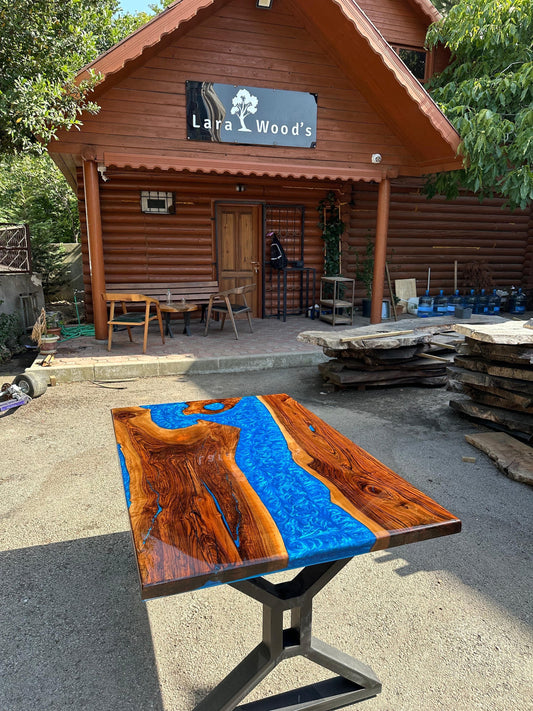 Handmade Epoxy Table, Custom 54” x 36” Walnut Shiny Metallic Blue Table, Blue Epoxy River Table, Epoxy River Dining Table, Order for Rex