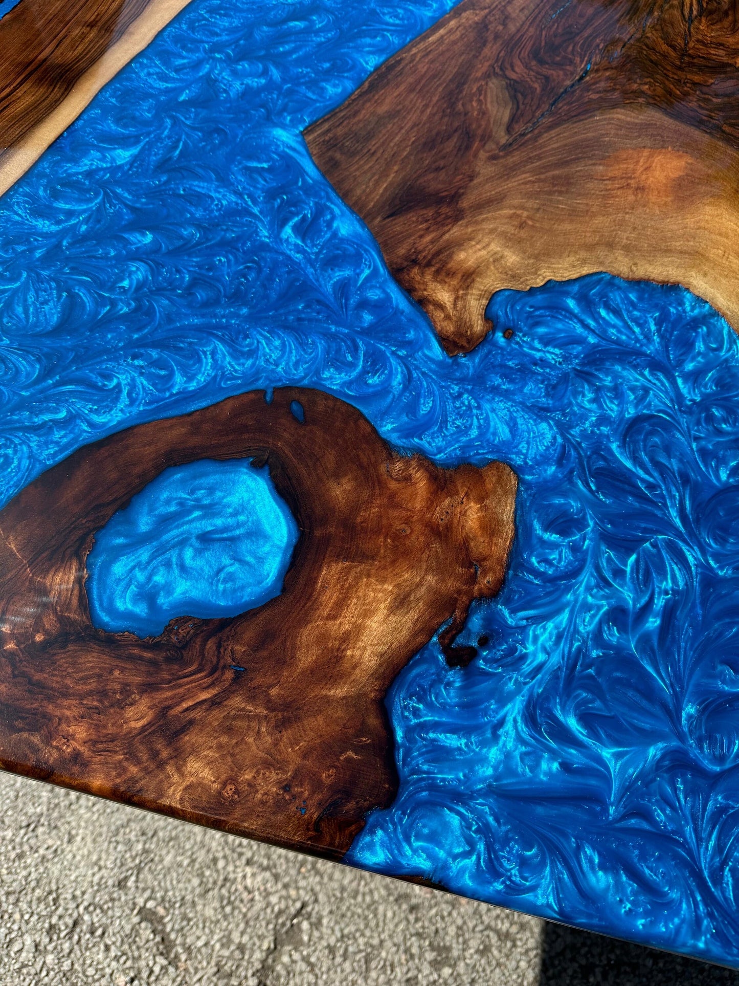 Handmade Epoxy Table, Custom 54” x 36” Walnut Shiny Metallic Blue Table, Blue Epoxy River Table, Epoxy River Dining Table, Order for Rex