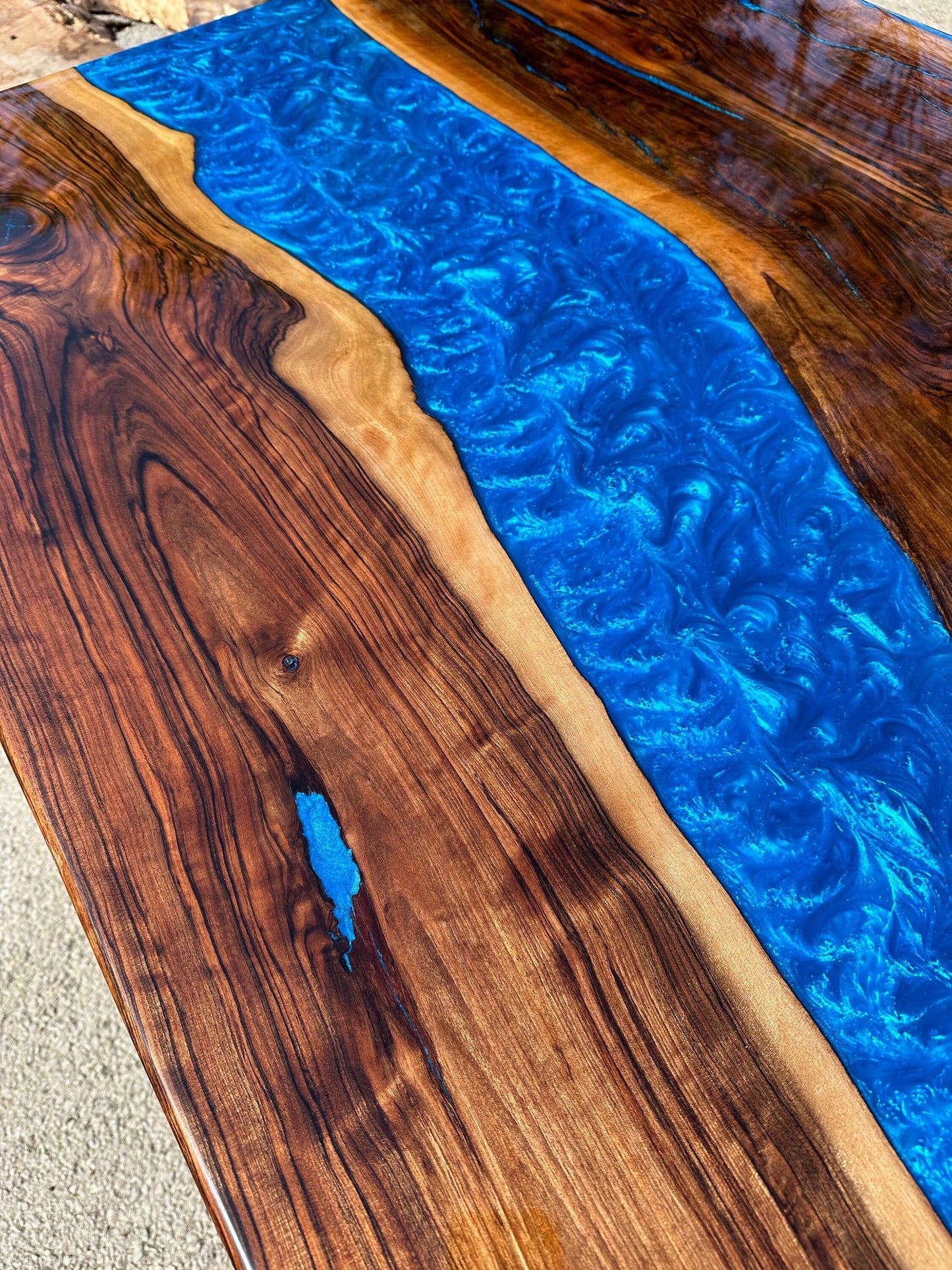 Handmade Epoxy Table, Custom 54” x 36” Walnut Shiny Metallic Blue Table, Blue Epoxy River Table, Epoxy River Dining Table, Order for Rex