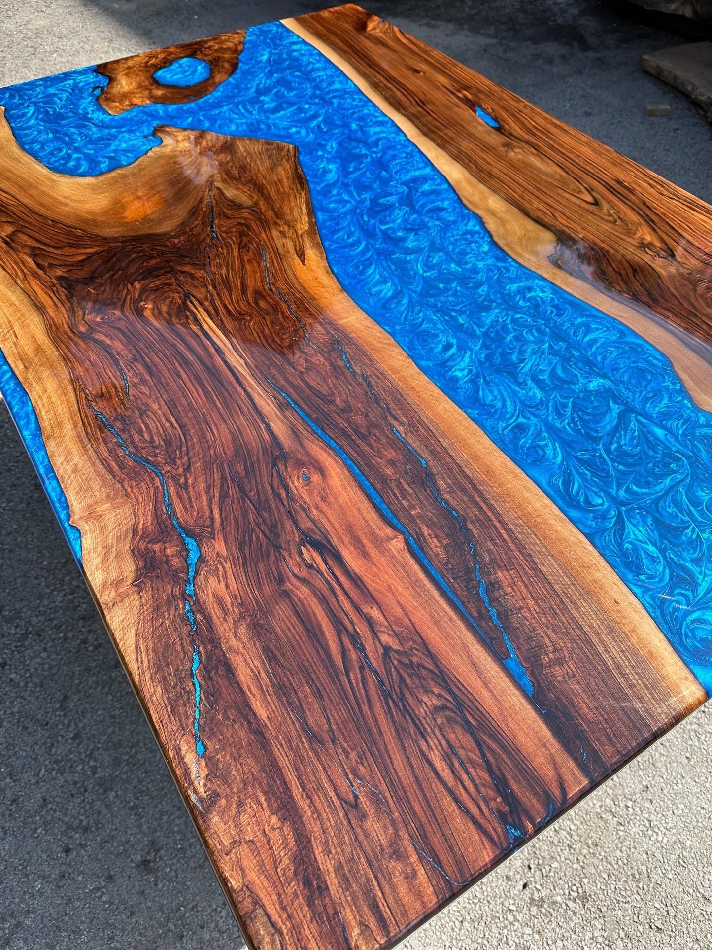 Handmade Epoxy Table, Custom 54” x 36” Walnut Shiny Metallic Blue Table, Blue Epoxy River Table, Epoxy River Dining Table, Order for Rex