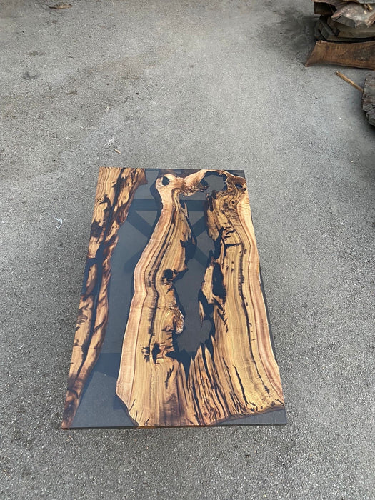 Custom 60” x 36” Walnut Smoke Gray Epoxy River Table Order for Keona