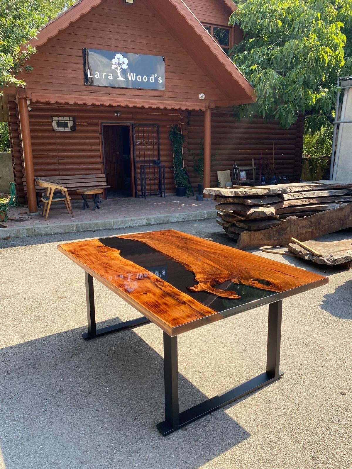 Custom Epoxy Resin Table, Custom 68” x 44” Unique Walnut Shiny Black Table, Epoxy River Dining Table, Handmade Epoxy Tabler for Sam B