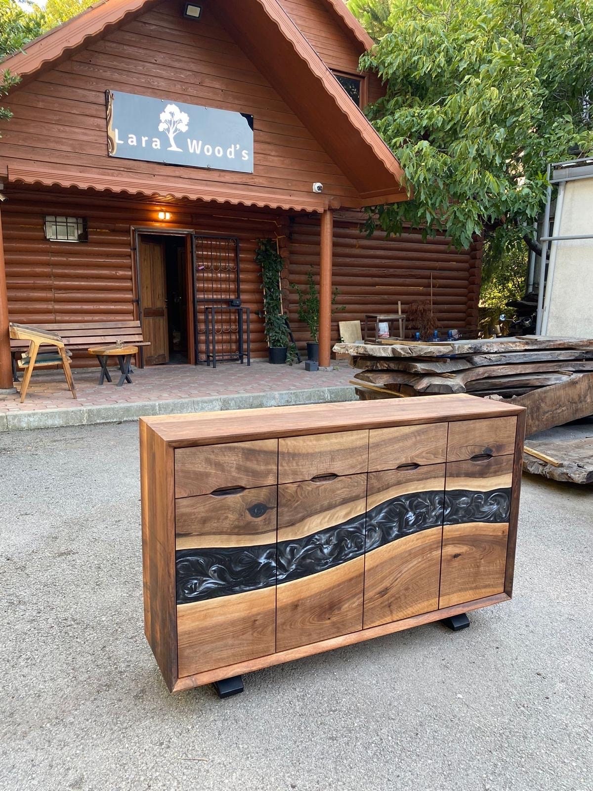 Custom Epoxy Console, 54” x 14” x 34” Wood Epoxy Resin Credenza, Walnut Metallic Gray Epoxy Credenza, Dining Room Sideboard for Ralph