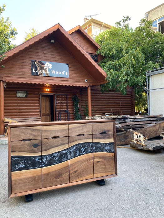 Custom Epoxy Console, 54” x 14” x 34” Wood Epoxy Resin Credenza, Walnut Metallic Gray Epoxy Credenza, Dining Room Sideboard for Ralph