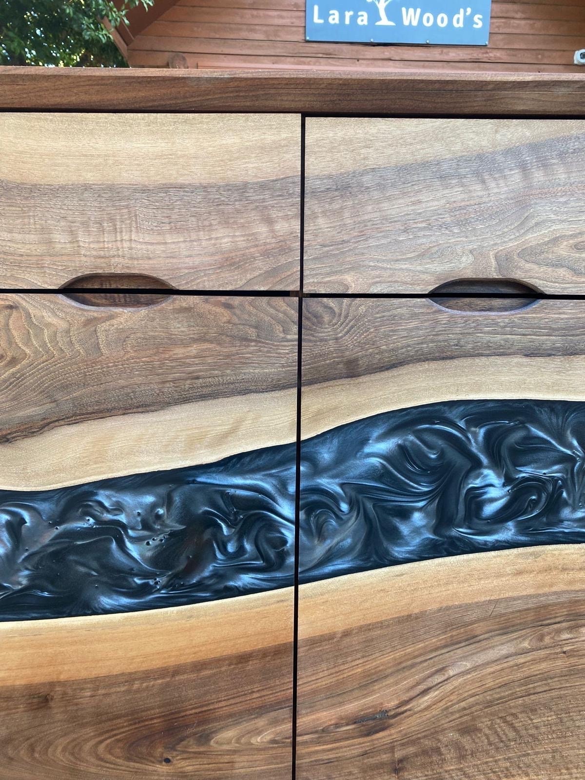 Custom Epoxy Console, 54” x 14” x 34” Wood Epoxy Resin Credenza, Walnut Metallic Gray Epoxy Credenza, Dining Room Sideboard for Ralph