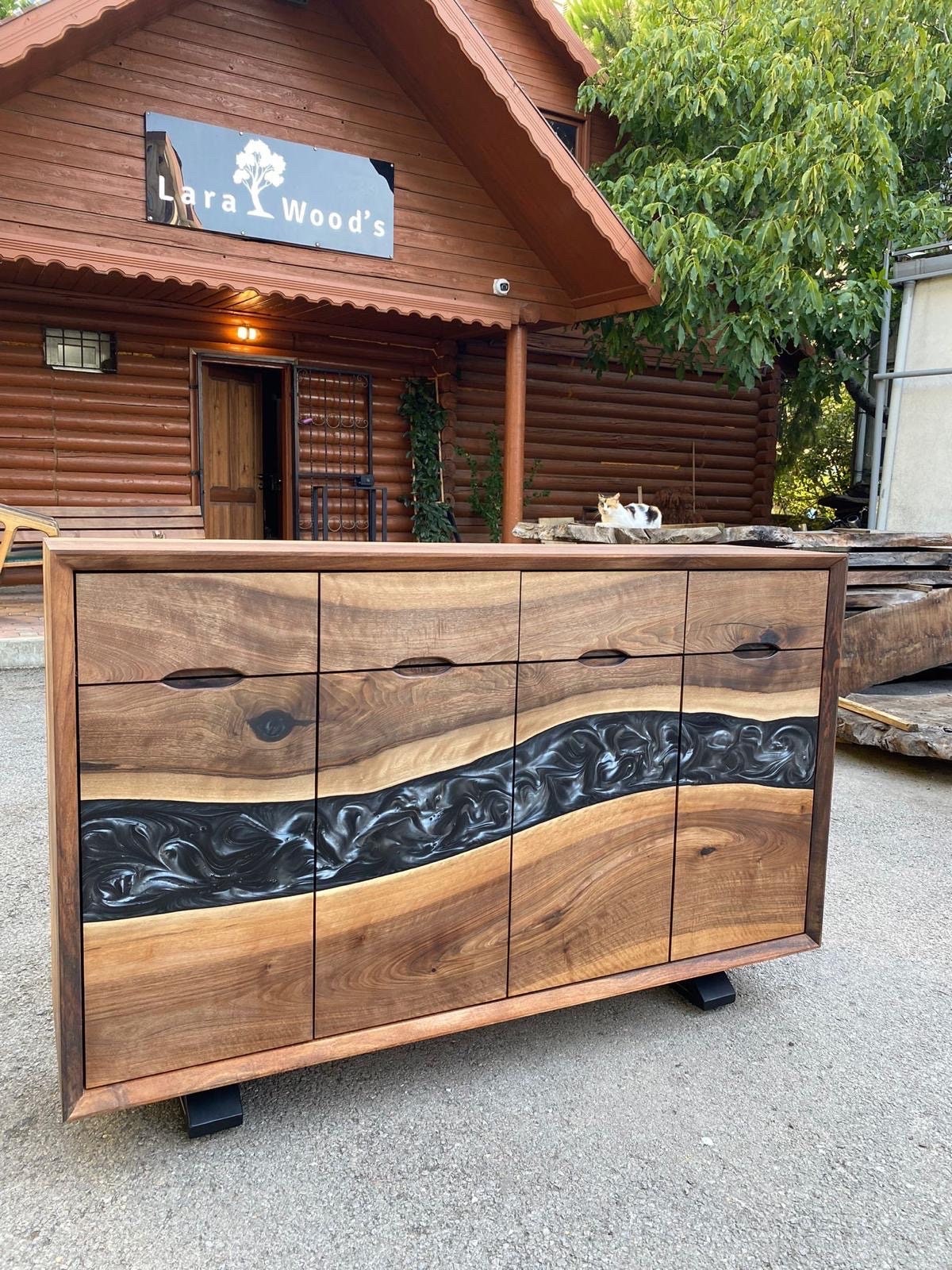 Custom Epoxy Console, 54” x 14” x 34” Wood Epoxy Resin Credenza, Walnut Metallic Gray Epoxy Credenza, Dining Room Sideboard for Ralph