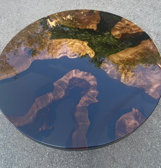 Custom 40” Diameter Round Walnut Wood Transparent Shiny Black Epoxy Table Order for Eran