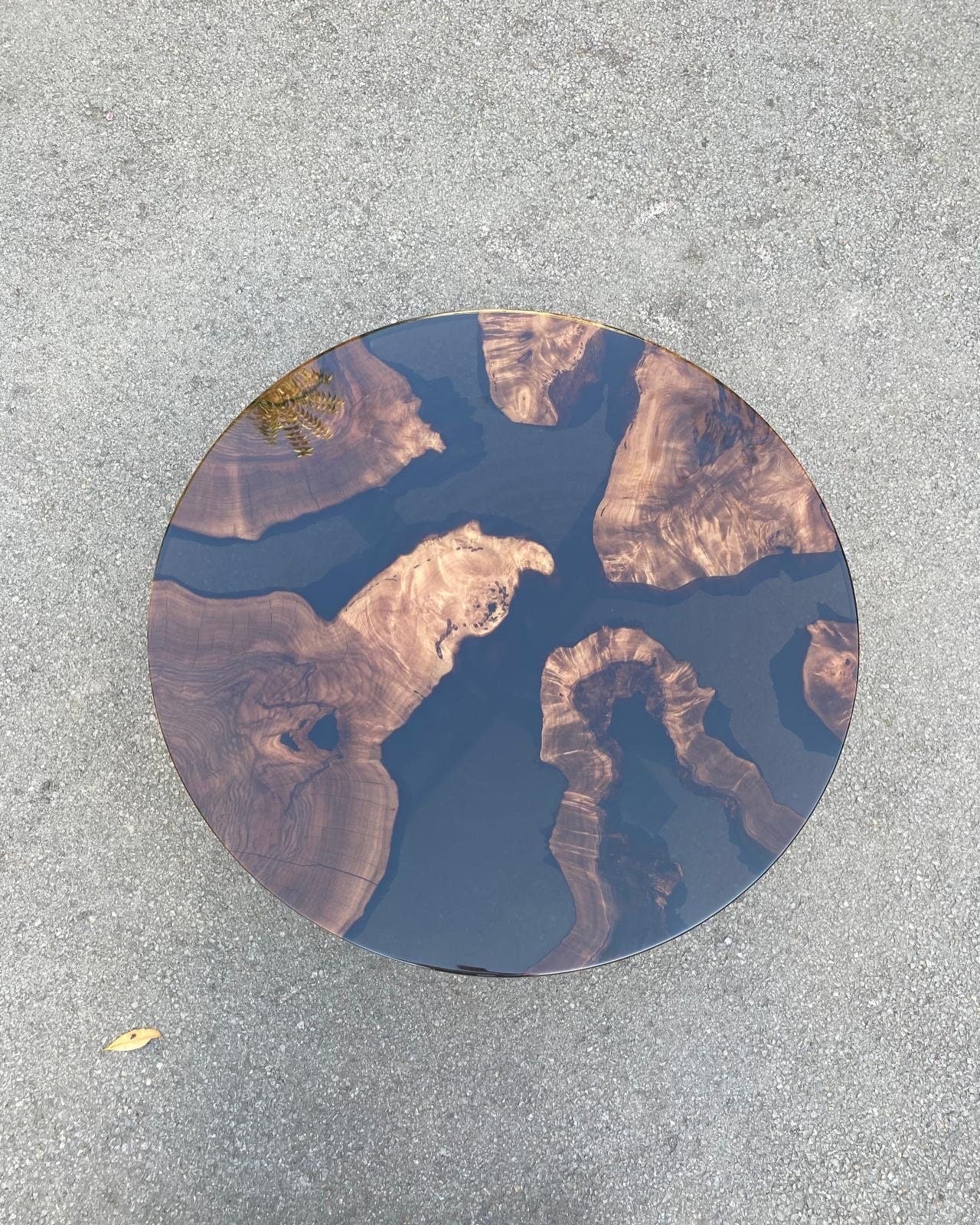 Custom 40” Diameter Round Walnut Wood Transparent Shiny Black Epoxy Table Order for Eran