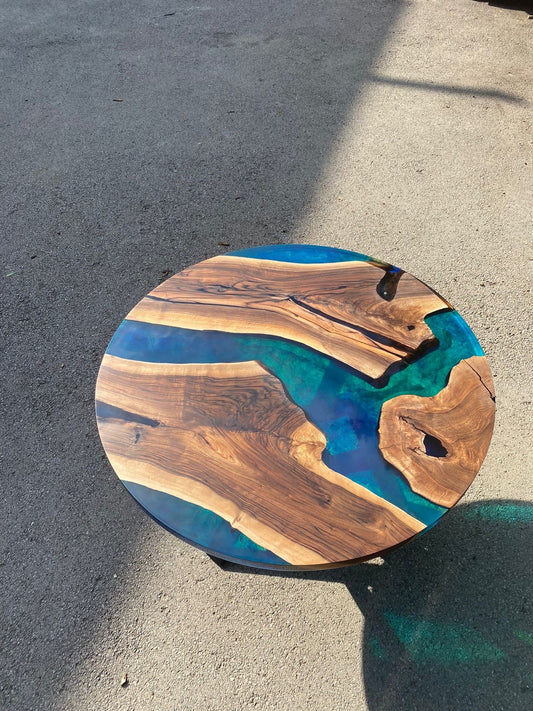 Epoxy Dining Table, Epoxy Resin Dining Table, Custom 50” Diameter Round Walnut Blue, Green, Turquoise Epoxy Table Order for Ann Ricks