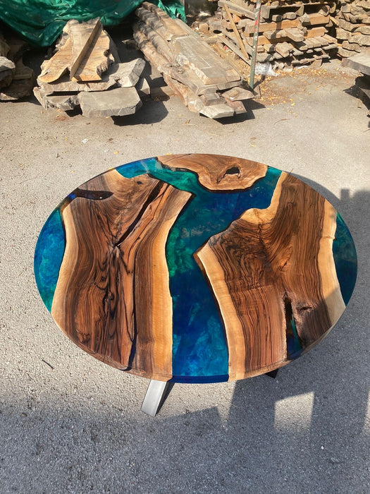 Epoxy Dining Table, Epoxy Resin Dining Table, Custom 50” Diameter Round Walnut Blue, Green, Turquoise Epoxy Table Order for Ann Ricks