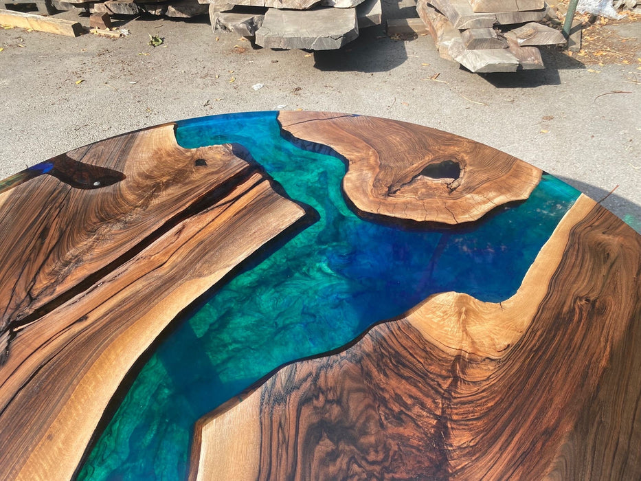 Epoxy Dining Table, Epoxy Resin Dining Table, Custom 50” Diameter Round Walnut Blue, Green, Turquoise Epoxy Table Order for Ann Ricks