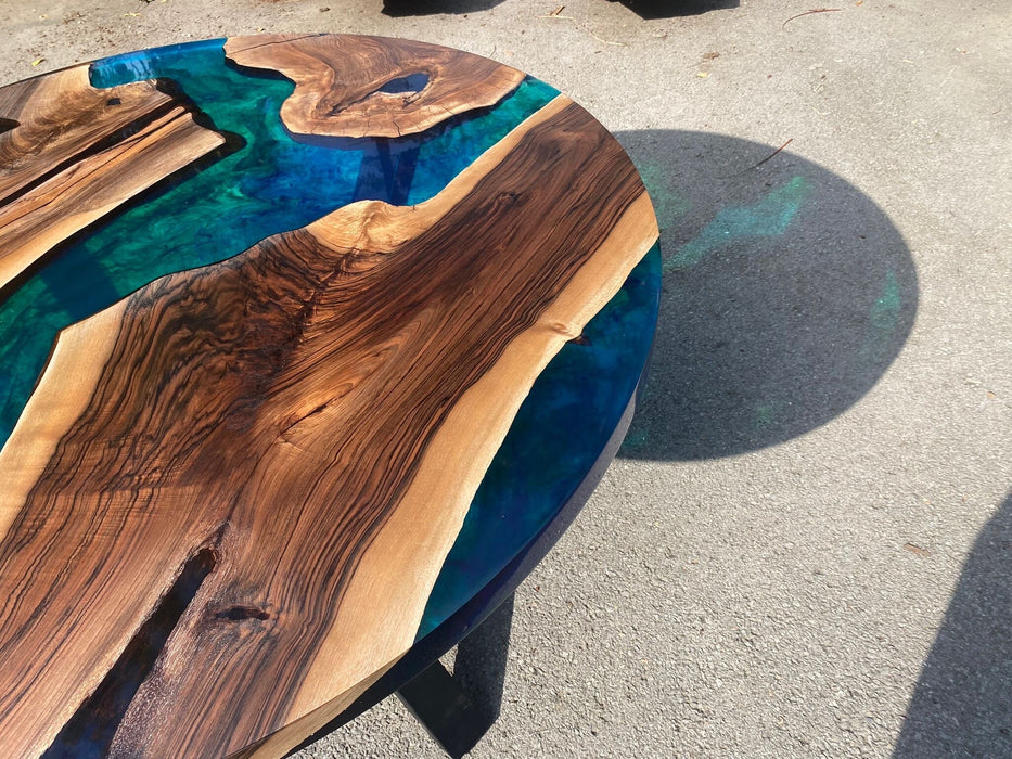 Epoxy Dining Table, Epoxy Resin Dining Table, Custom 50” Diameter Round Walnut Blue, Green, Turquoise Epoxy Table Order for Ann Ricks