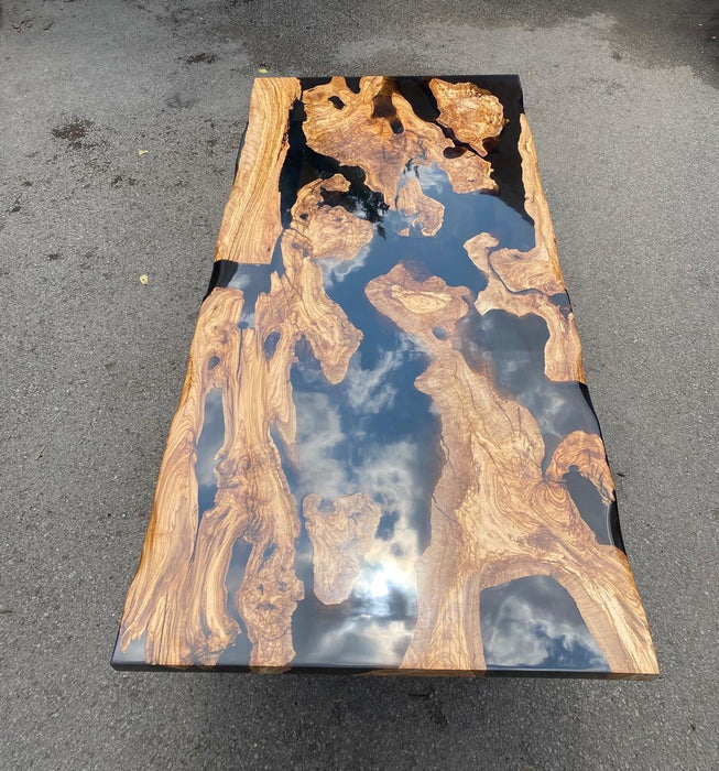 Olive Dining Table, Custom 84” x 40” Olive Transparent Black Epoxy Table, Live Edge Table, River Table, Custom Order for Sierra