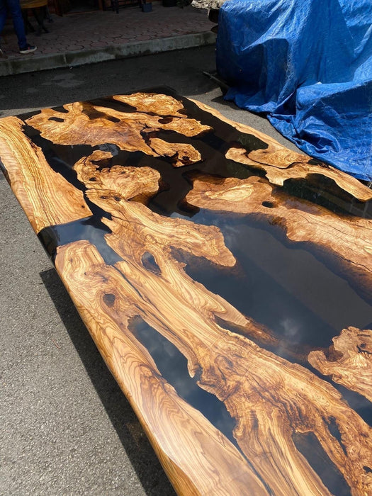 Olive Dining Table, Custom 84” x 40” Olive Transparent Black Epoxy Table, Live Edge Table, River Table, Custom Order for Sierra