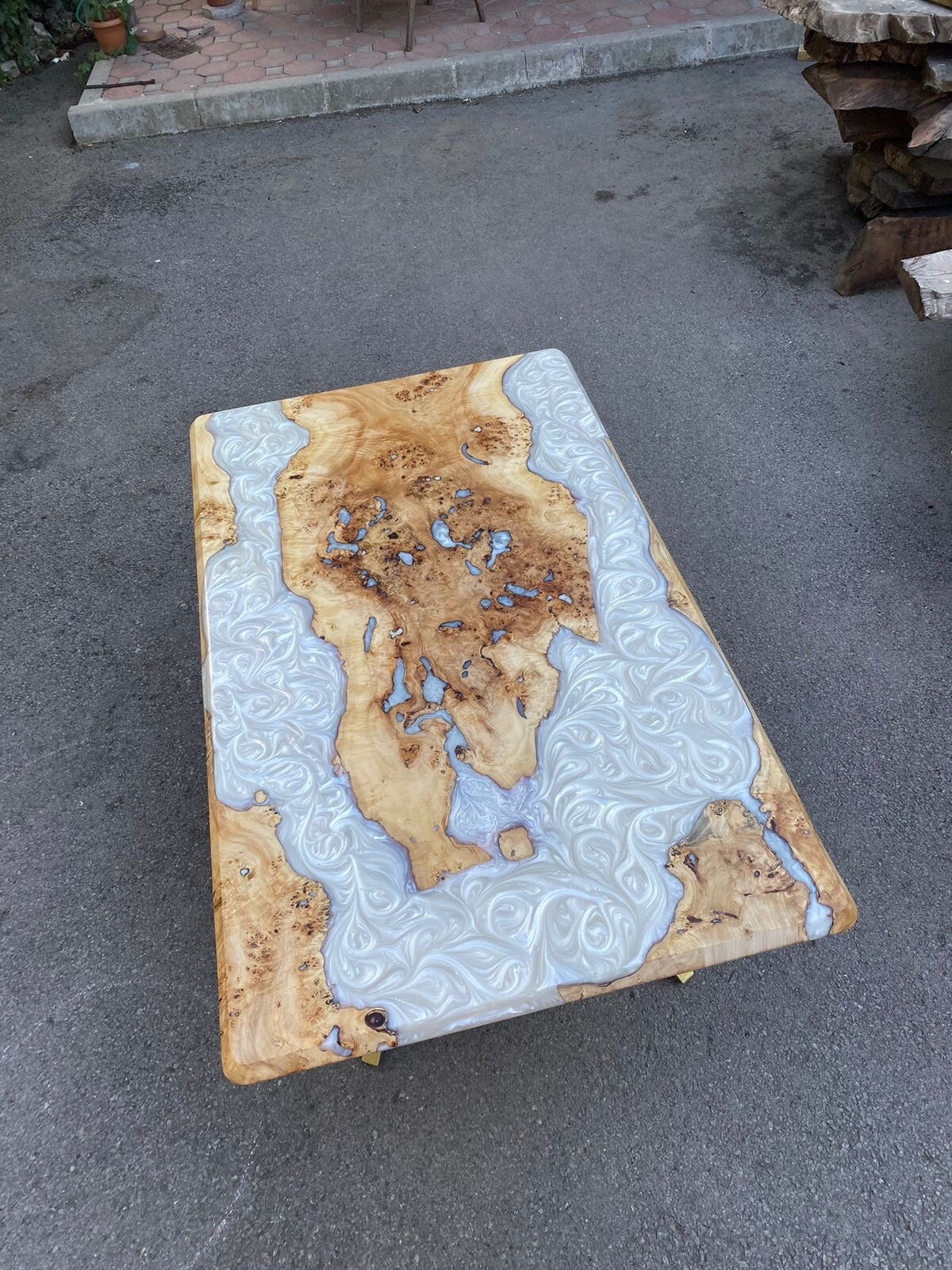 Poplar Table, Epoxy Resin Table, Custom 64” x 38” Poplar Wood Metallic Pearl White Table, Epoxy River Table, Custom Order for Eleanor