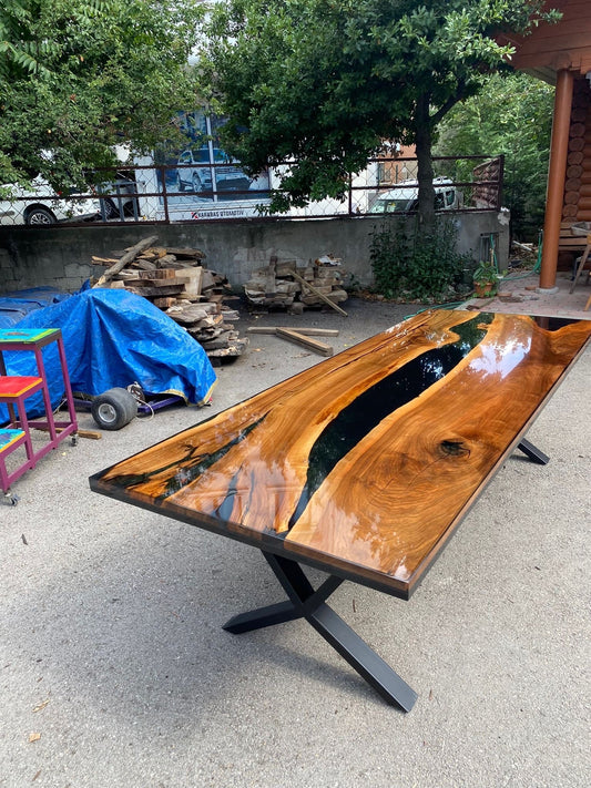 Custom Epoxy Resin Table, Custom 108” x 40” Unique Walnut Shiny Black Table, Epoxy River Dining Table, Handmade Epoxy Tabler for Barb P