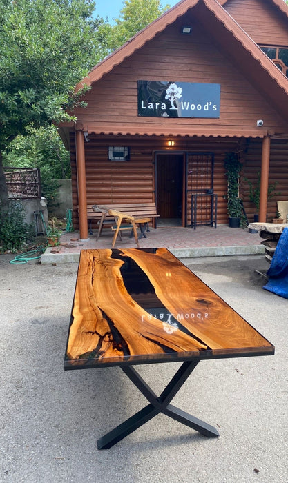 Custom Epoxy Resin Table, Custom 108” x 40” Unique Walnut Shiny Black Table, Epoxy River Dining Table, Handmade Epoxy Tabler for Barb P