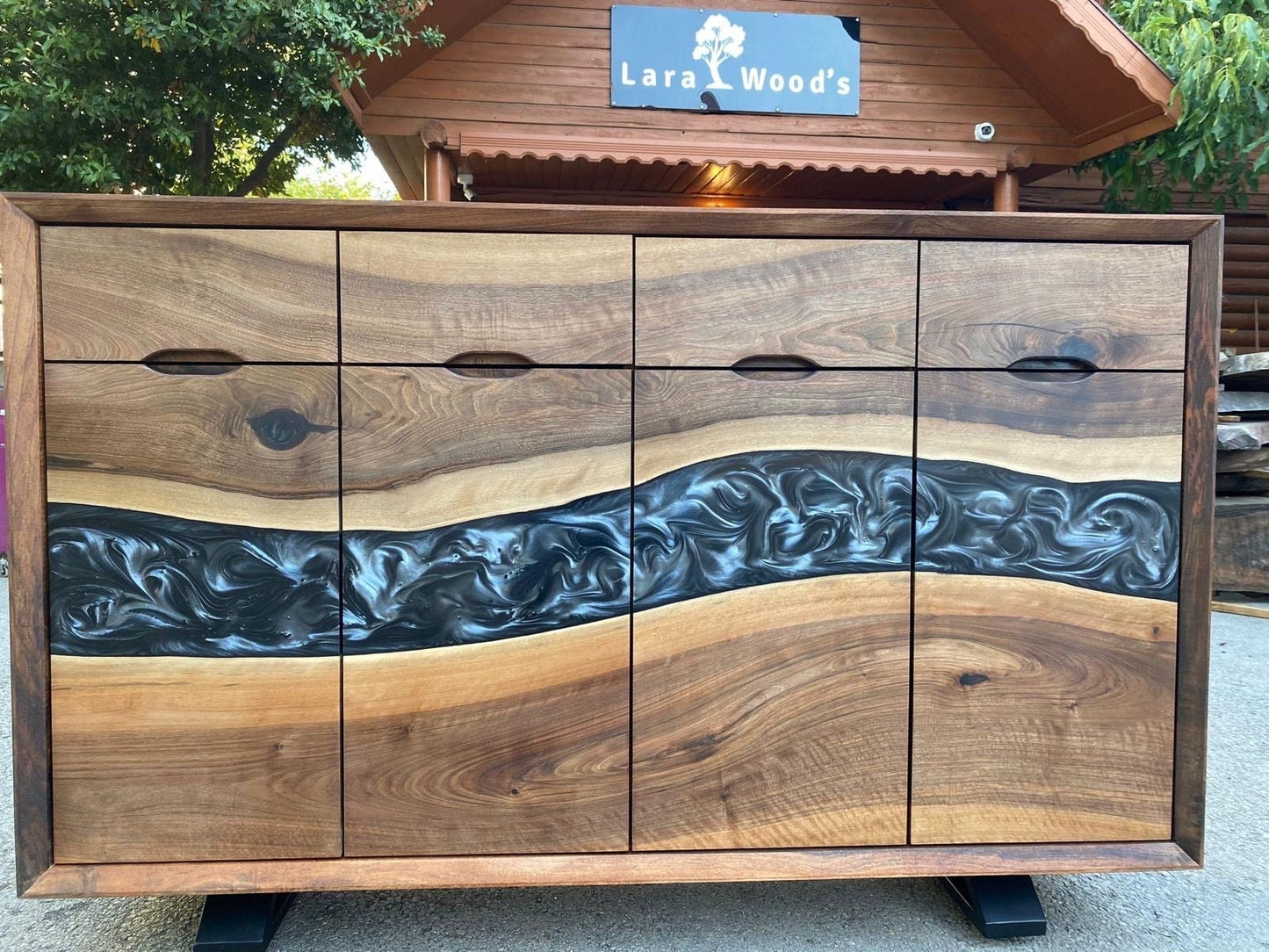 Custom Epoxy Console, 54” x 14” x 34” Wood Epoxy Resin Credenza, Walnut Metallic Gray Epoxy Credenza, Dining Room Sideboard for Ralph