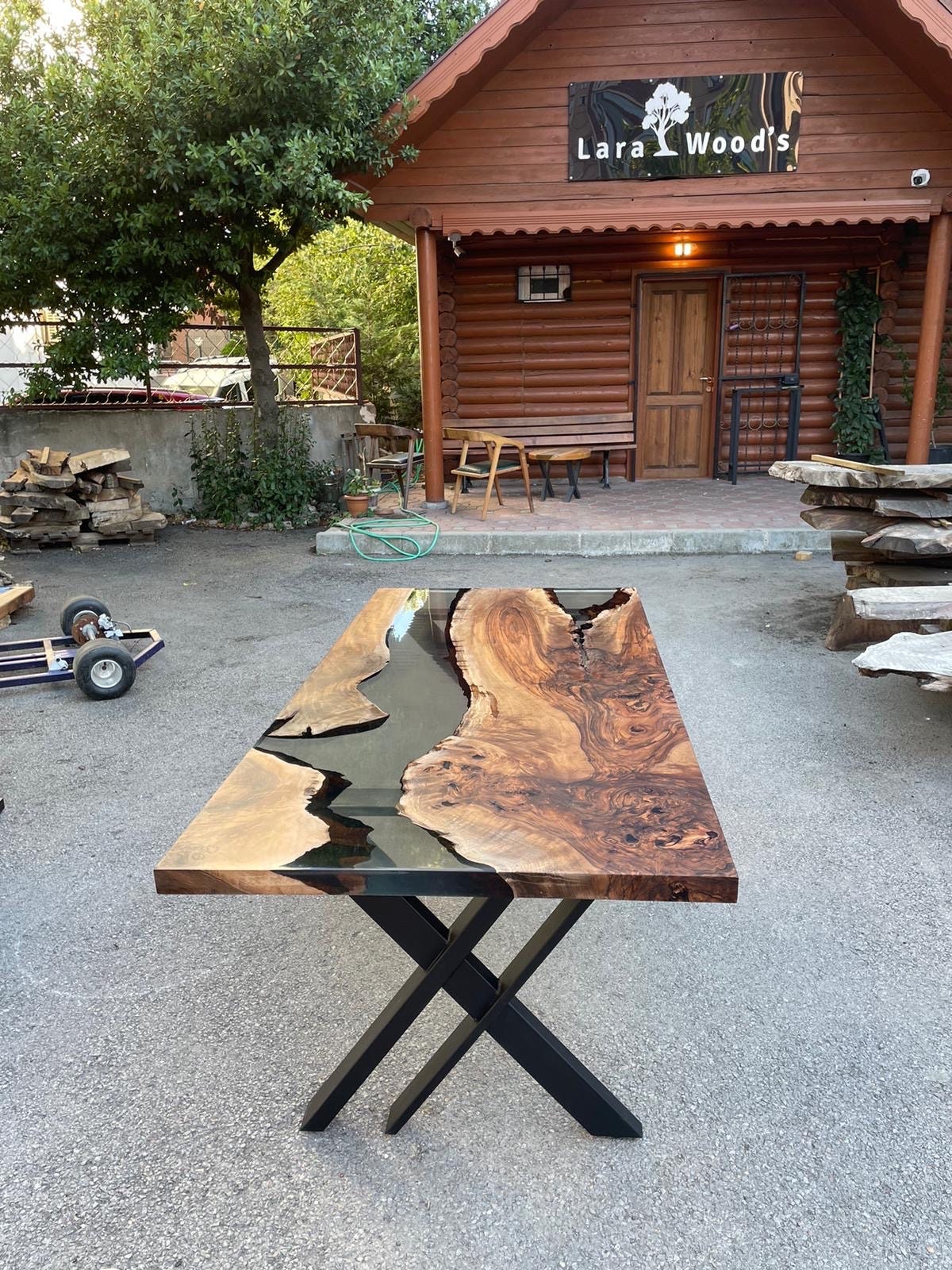 Live Edge Table, Epoxy Table, Epoxy Dining Table, Walnut River Table, Custom 78” x 36” Walnut Smokey Gray Dining Table, Order for Craig