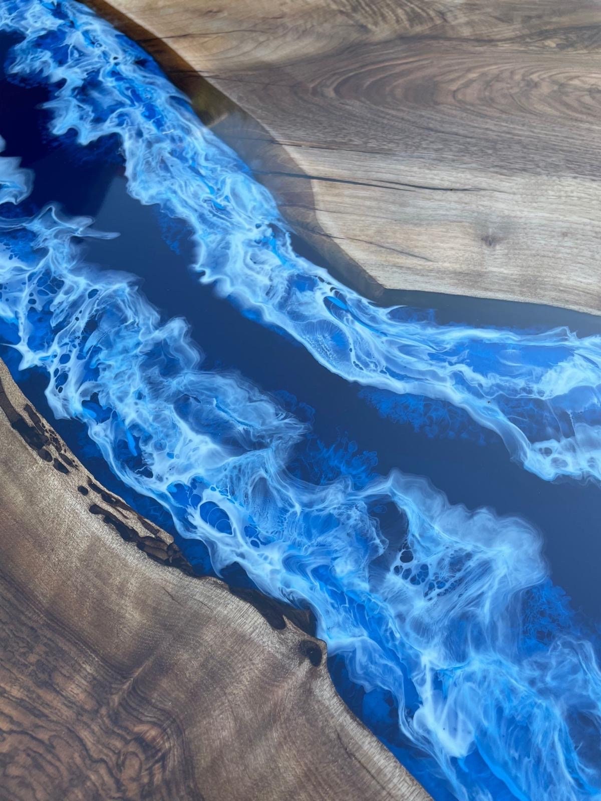 Handmade Epoxy Table, Live Edge Table, Custom 84” x 48” Walnut Dark Blue White Swirls Ocean Epoxy Dining Table Order for Craig