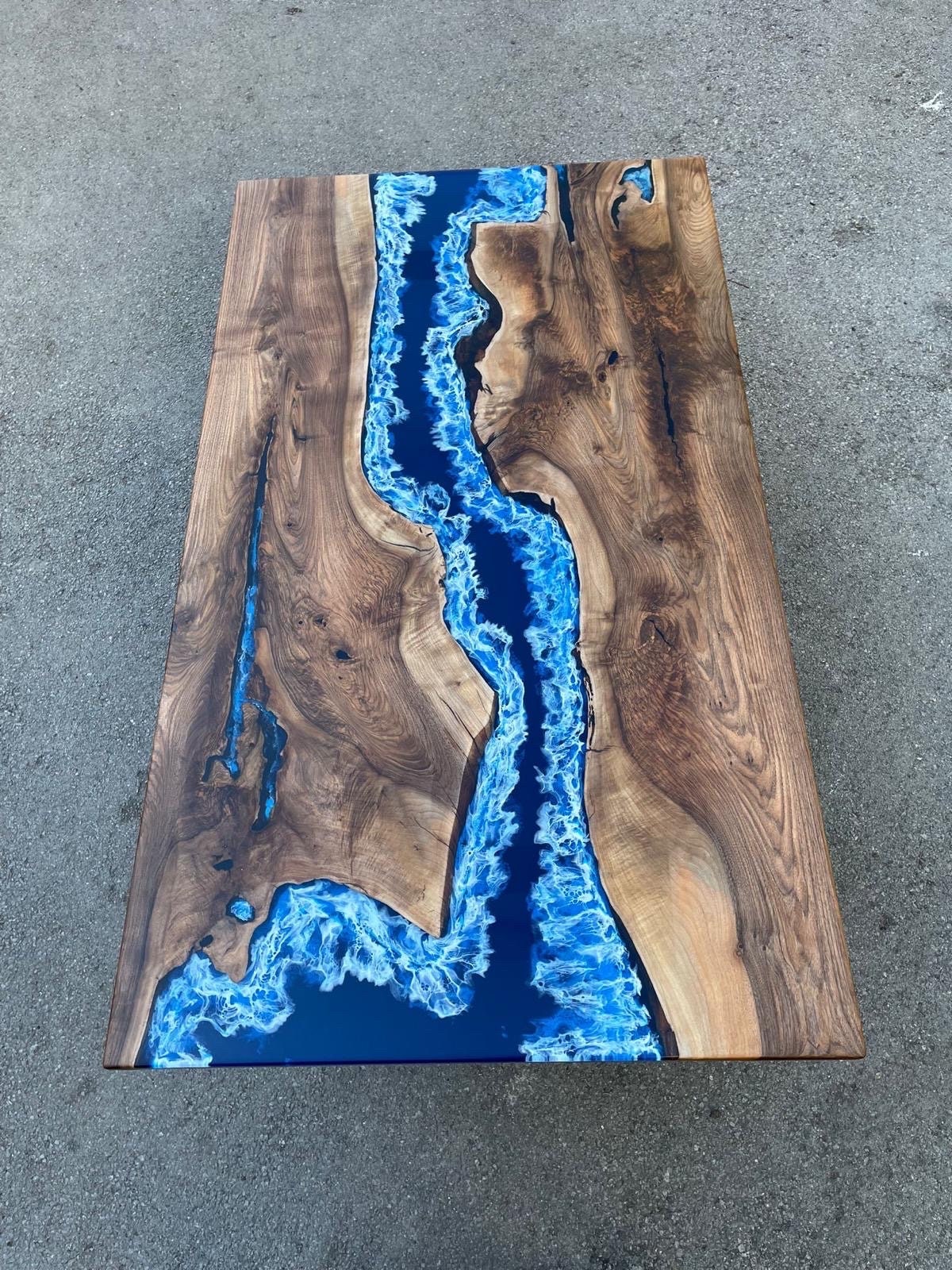 Handmade Epoxy Table, Live Edge Table, Custom 84” x 48” Walnut Dark Blue White Swirls Ocean Epoxy Dining Table Order for Craig