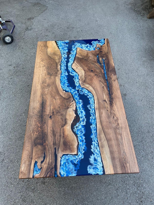 Handmade Epoxy Table, Live Edge Table, Custom 84” x 48” Walnut Dark Blue White Swirls Ocean Epoxy Dining Table Order for Craig