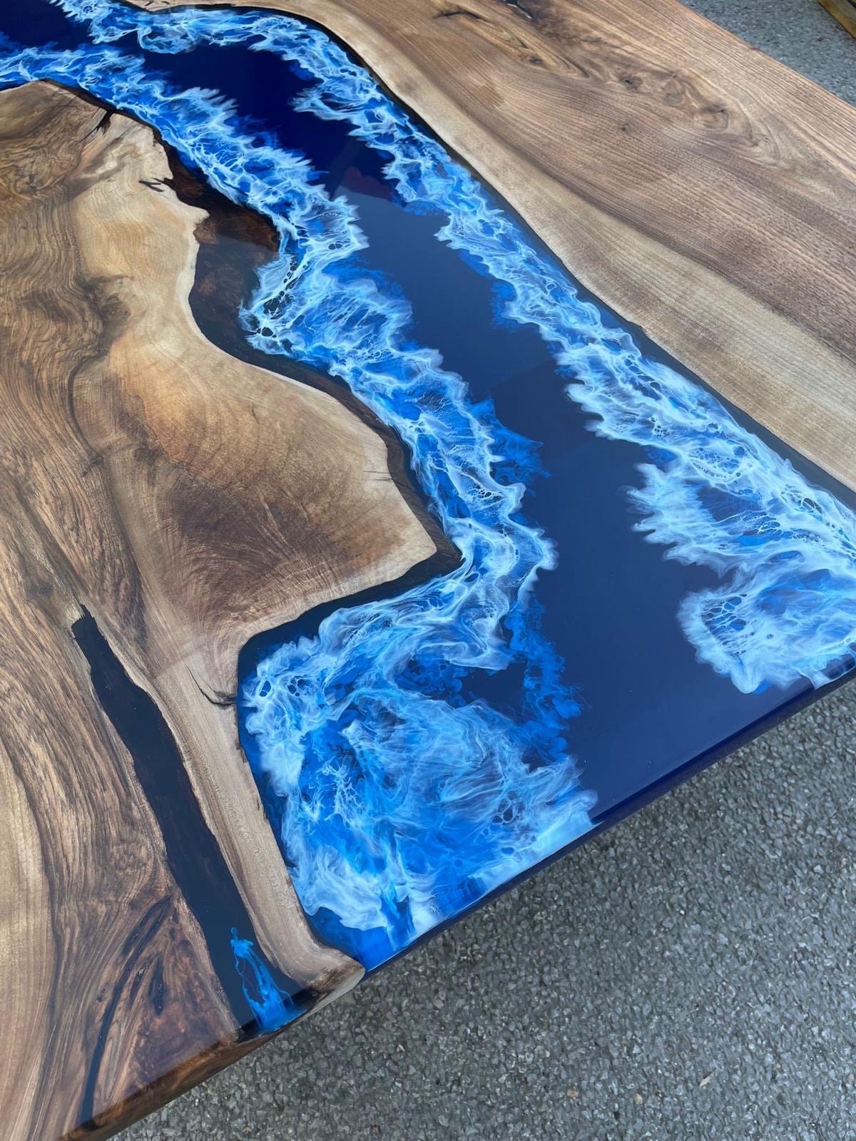 Handmade Epoxy Table, Live Edge Table, Custom 84” x 48” Walnut Dark Blue White Swirls Ocean Epoxy Dining Table Order for Craig