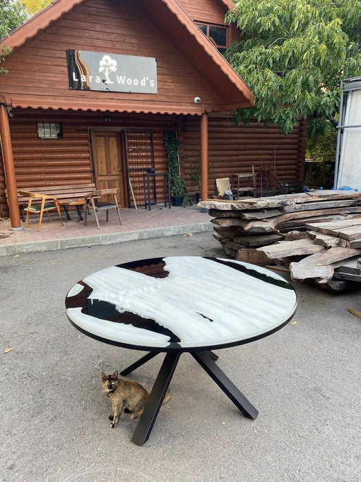 Whitewash Walnut Epoxy Round Table, Epoxy Dining Table, Walnut Black Epoxy Shiny Table, Custom 56” Round Walnut Wood Table order for Boris