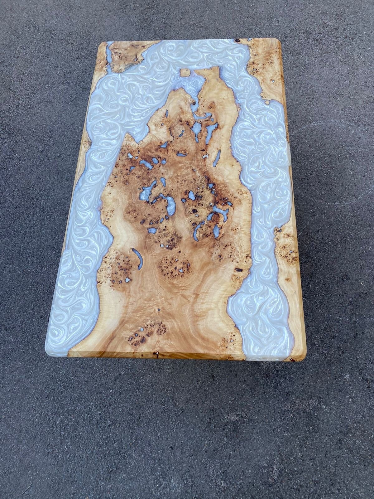 Poplar Table, Epoxy Resin Table, Custom 64” x 38” Poplar Wood Metallic Pearl White Table, Epoxy River Table, Custom Order for Eleanor