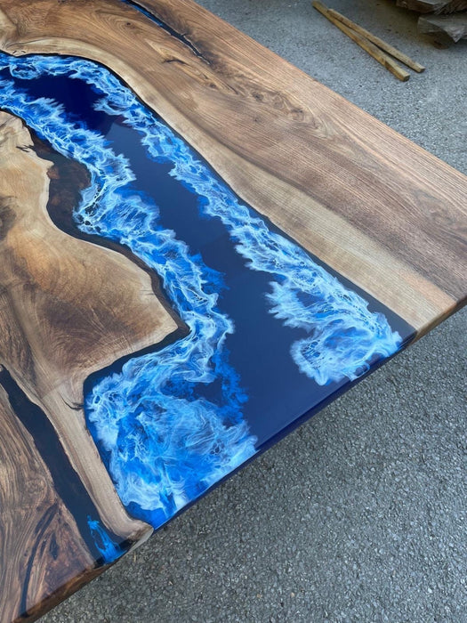 Handmade Epoxy Table, Live Edge Table, Custom 84” x 48” Walnut Dark Blue White Swirls Ocean Epoxy Dining Table Order for Craig