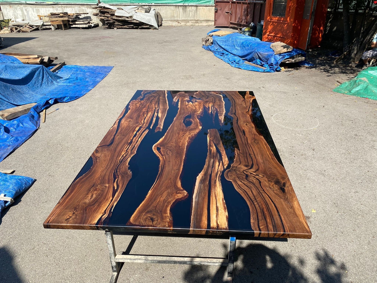 Epoxy Table, Epoxy Dining Table, Walnut Epoxy River Table, Custom 115” x 70” Walnut Black Epoxy River Table Order for Tara