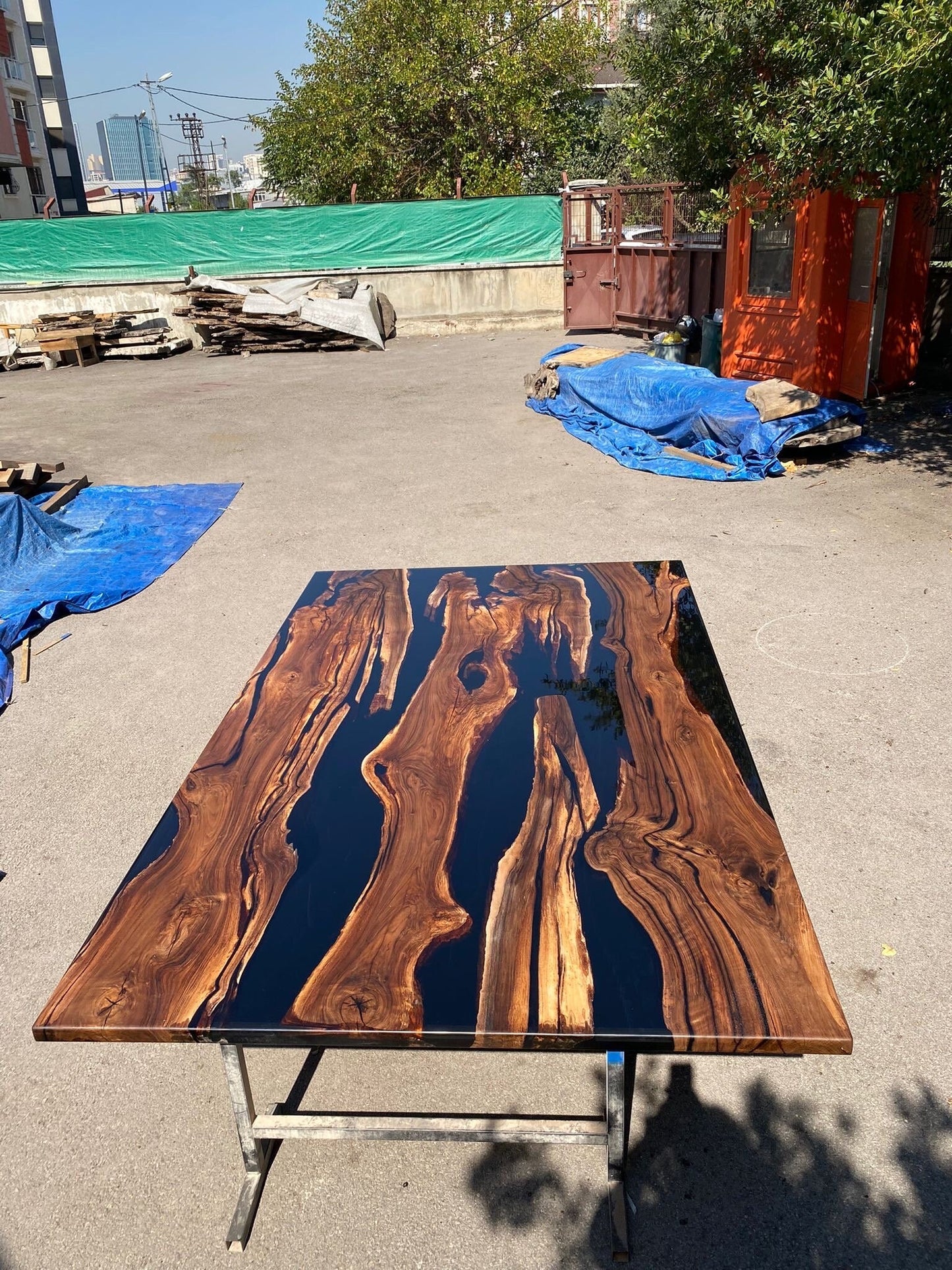 Epoxy Table, Epoxy Dining Table, Walnut Epoxy River Table, Custom 115” x 70” Walnut Black Epoxy River Table Order for Tara