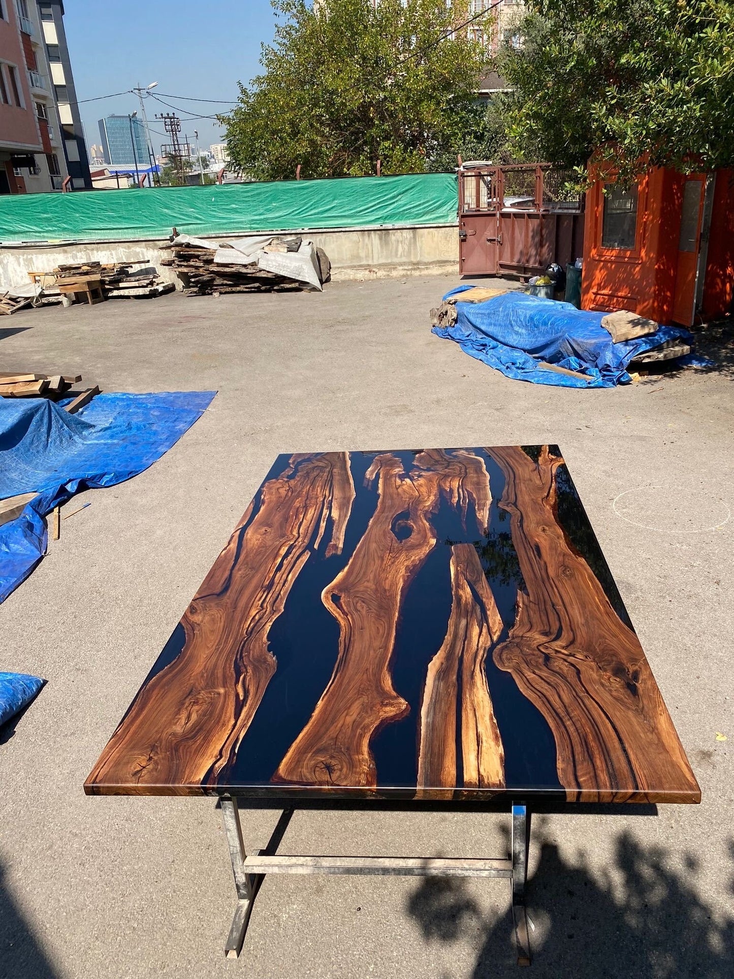 Epoxy Table, Epoxy Dining Table, Walnut Epoxy River Table, Custom 115” x 70” Walnut Black Epoxy River Table Order for Tara