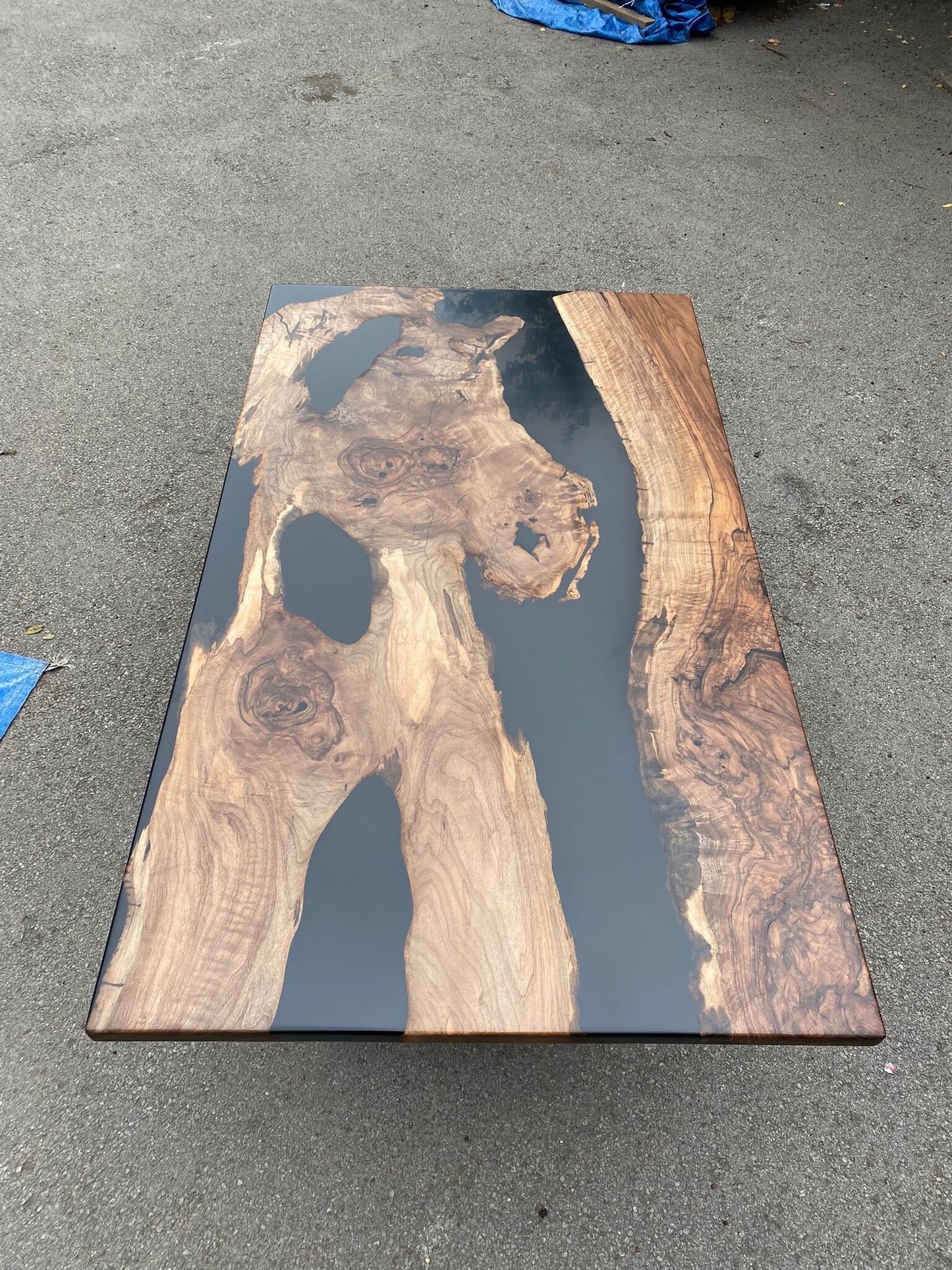 Epoxy Table, Epoxy Dining Table, Walnut Epoxy River Table, Custom 81” x 47” Walnut Black Epoxy River Table Order for Yuan Z