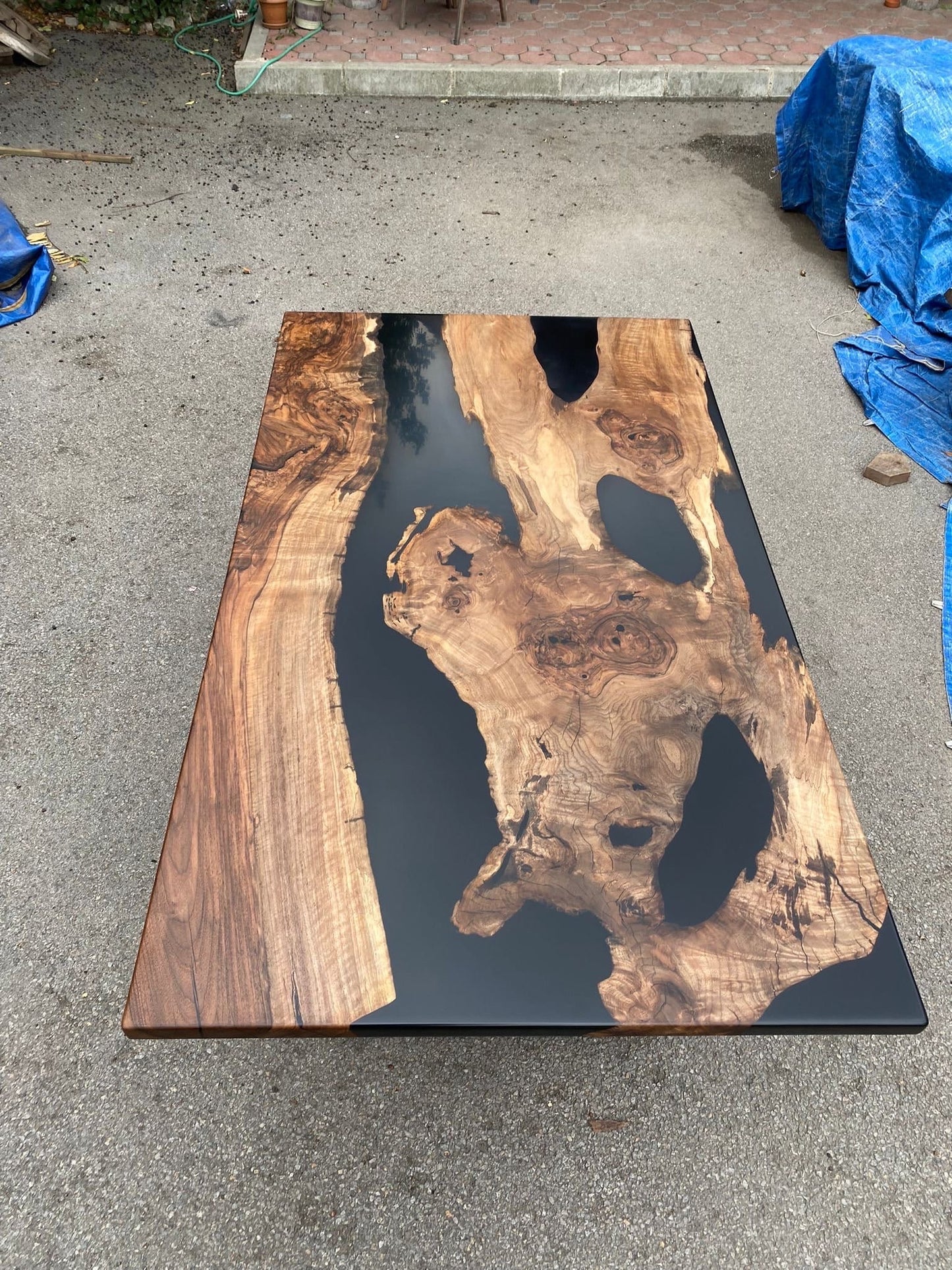 Epoxy Table, Epoxy Dining Table, Walnut Epoxy River Table, Custom 81” x 47” Walnut Black Epoxy River Table Order for Yuan Z