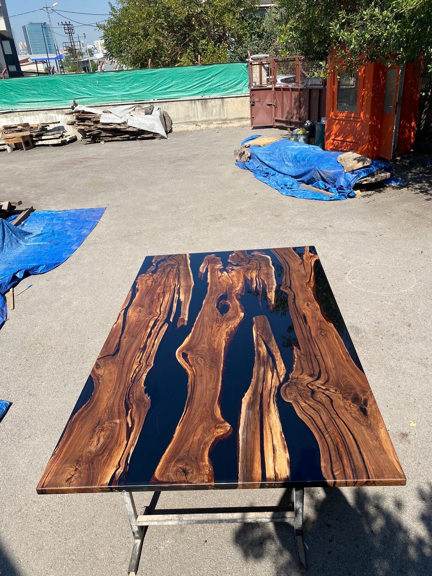 Epoxy Table, Epoxy Dining Table, Walnut Epoxy River Table, Custom 115” x 70” Walnut Black Epoxy River Table Order for Tara