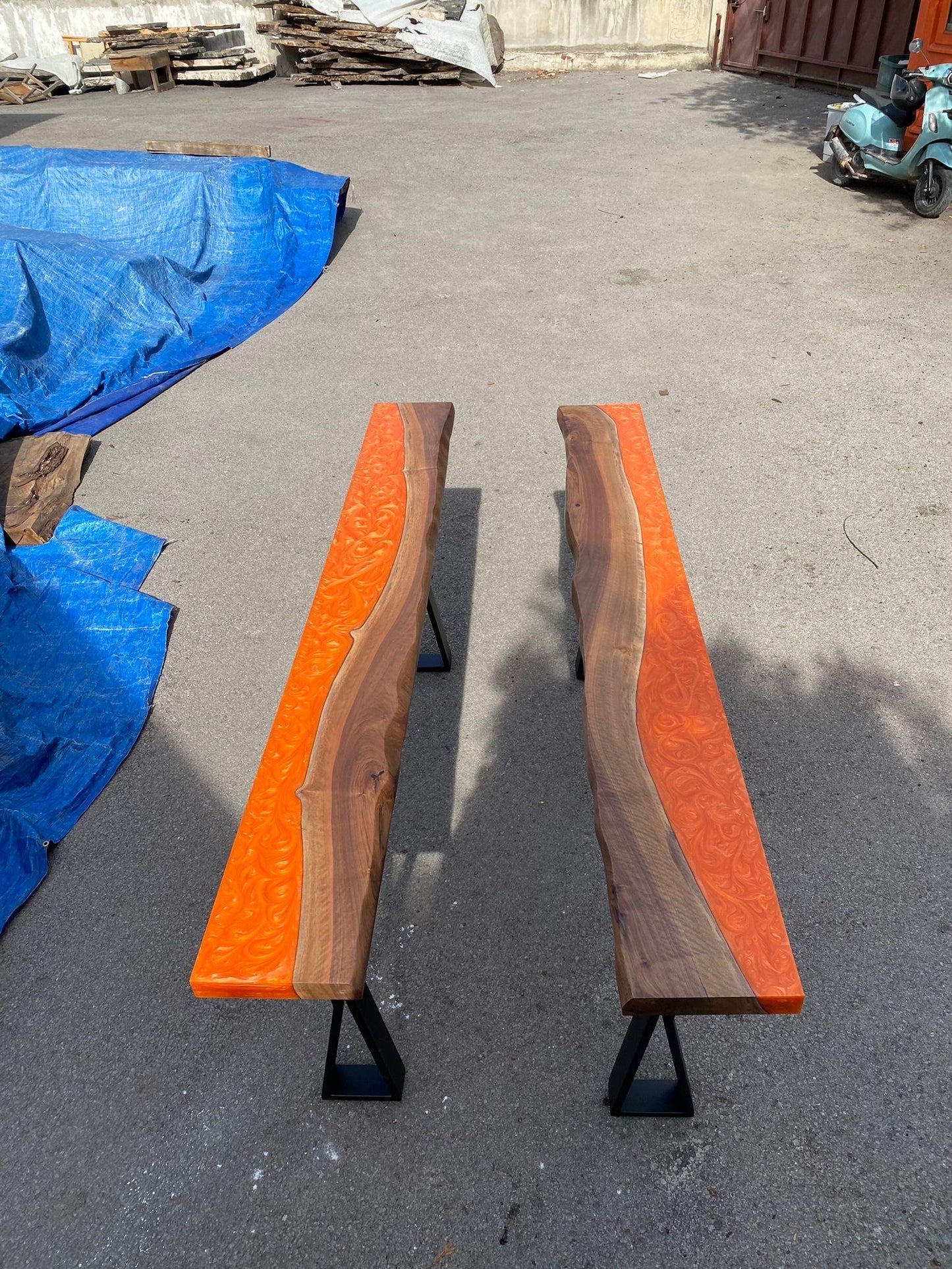 Custom River Epoxy Table, Custom 88” x 10” Poplar Epoxy Table, Lava Orange Epoxy Table Order for Laurie