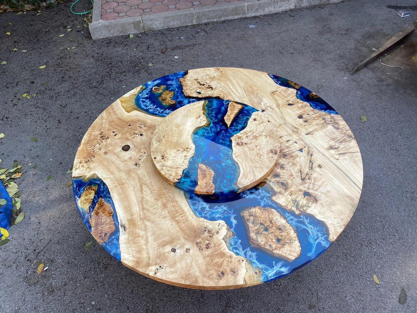 Blue Epoxy Round Table, Poplar Table, Custom 66” Poplar Wood Blue, Turquoise Table with Lazy Susan, Epoxy River Table, Custom Order for Beth