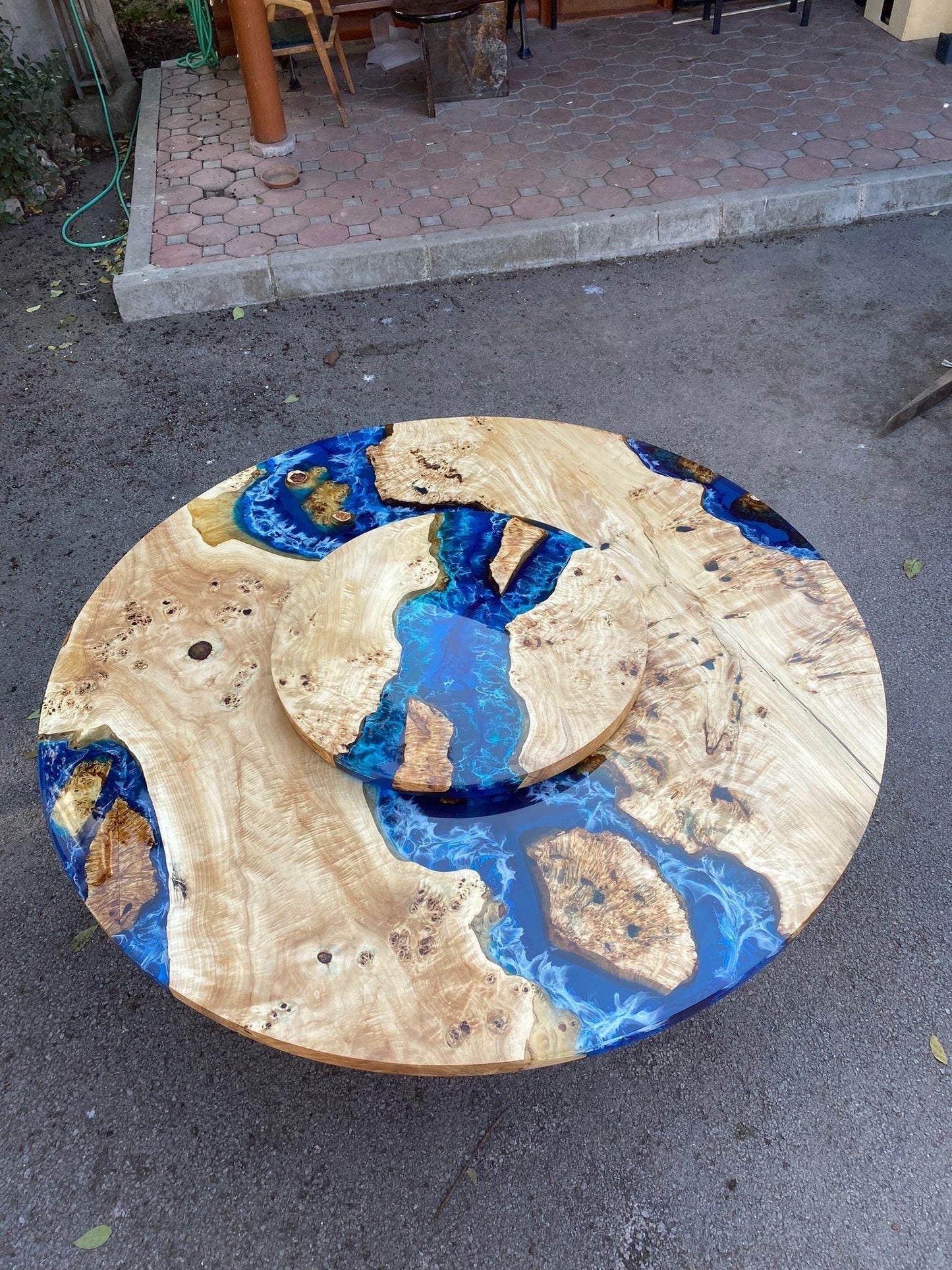 Blue Epoxy Round Table, Poplar Table, Custom 66” Poplar Wood Blue, Turquoise Table with Lazy Susan, Epoxy River Table, Custom Order for Beth