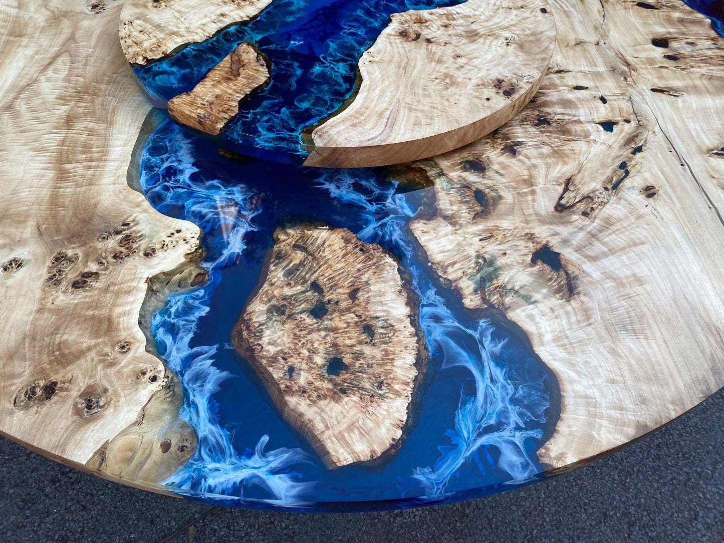 Blue Epoxy Round Table, Poplar Table, Custom 66” Poplar Wood Blue, Turquoise Table with Lazy Susan, Epoxy River Table, Custom Order for Beth