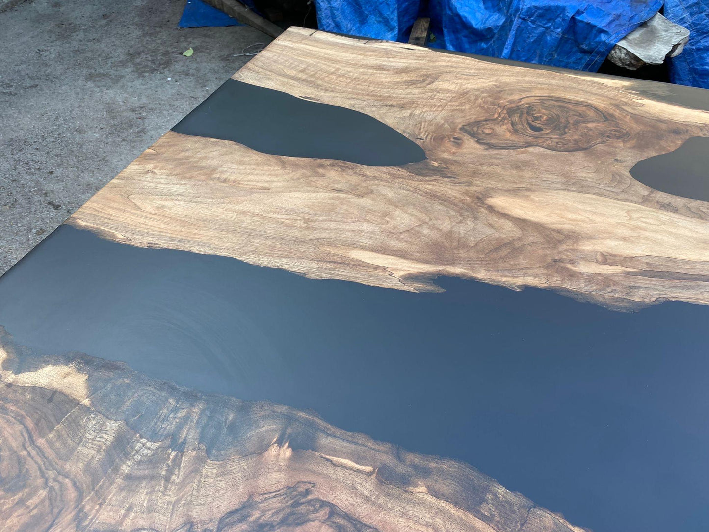 Walnut Live Edge Table, Custom 82” x 48” Walnut Matte Black Epoxy Table, Epoxy Resin River Dining Table Order for Yuan