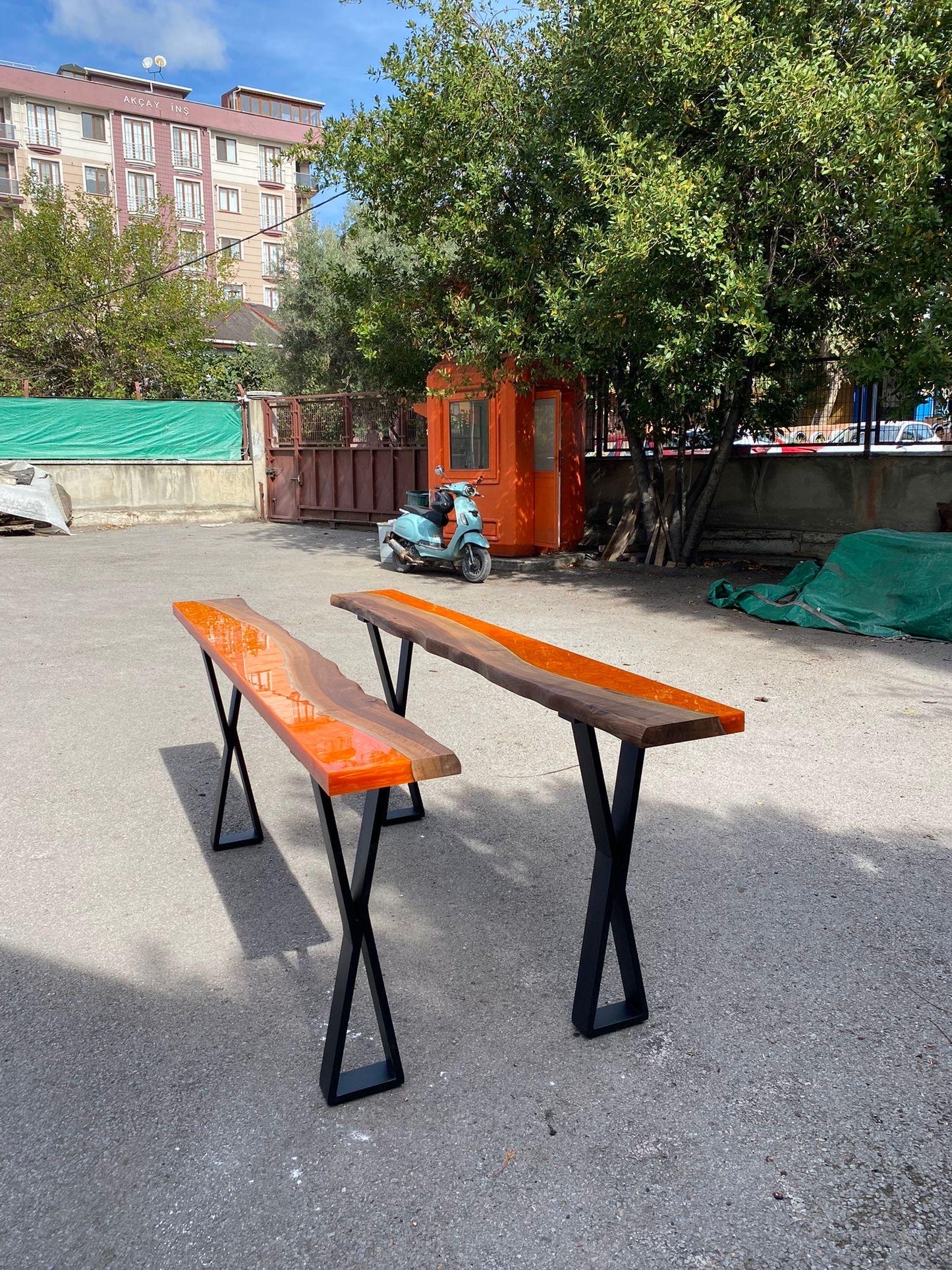 Custom River Epoxy Table, Custom 88” x 10” Poplar Epoxy Table, Lava Orange Epoxy Table Order for Laurie