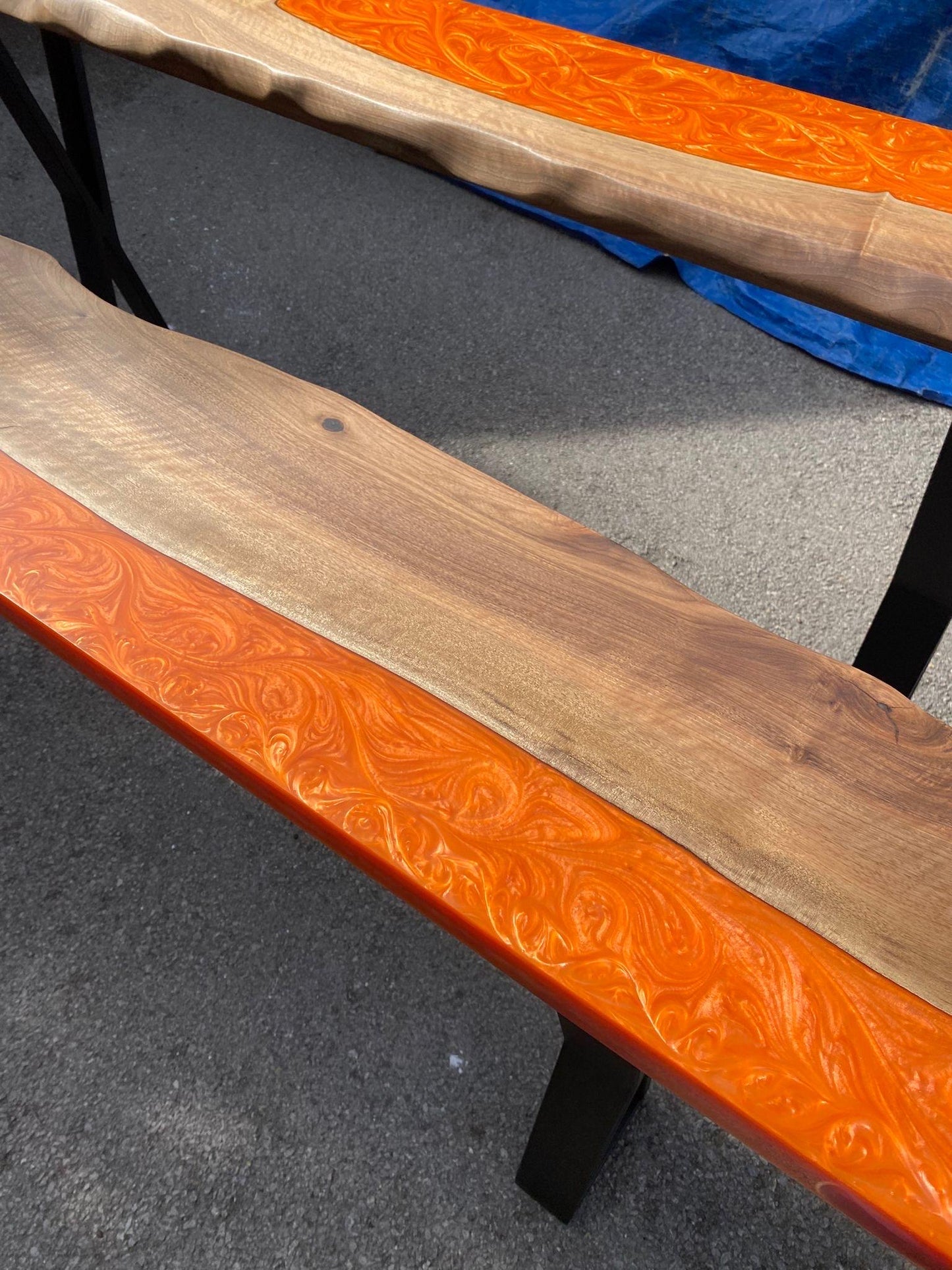 Custom River Epoxy Table, Custom 88” x 10” Poplar Epoxy Table, Lava Orange Epoxy Table Order for Laurie