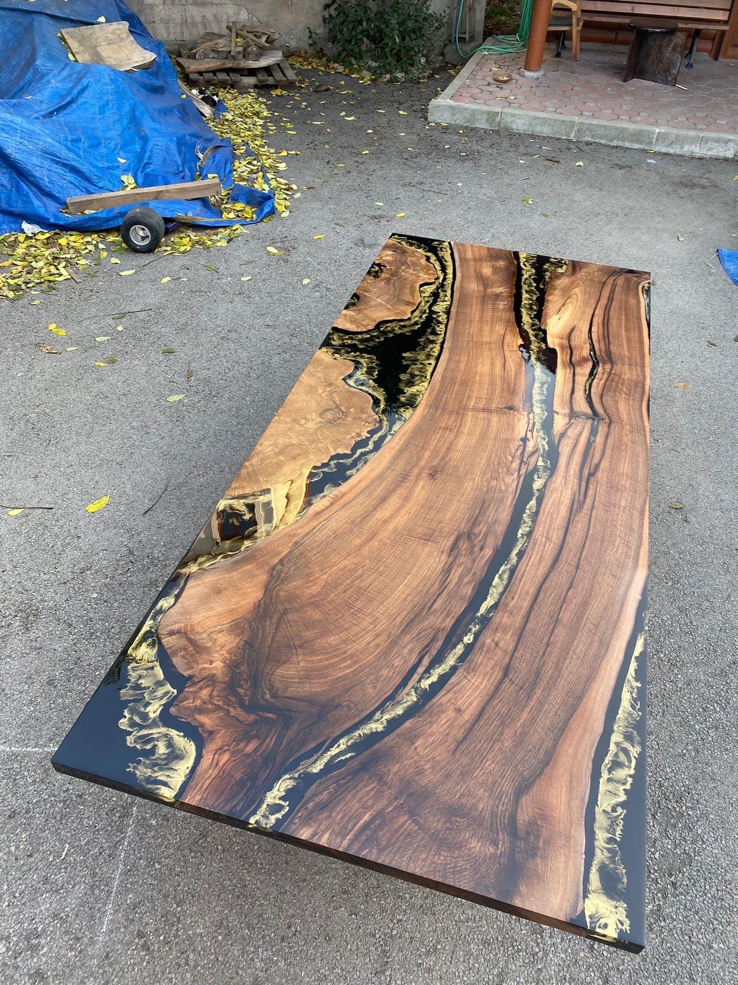 Walnut Epoxy Table, Custom 115” x 48" Black Epoxy Table, Gold Leaf Table, River Table, Live Edge Table, Epoxy Dining Table for Robert M