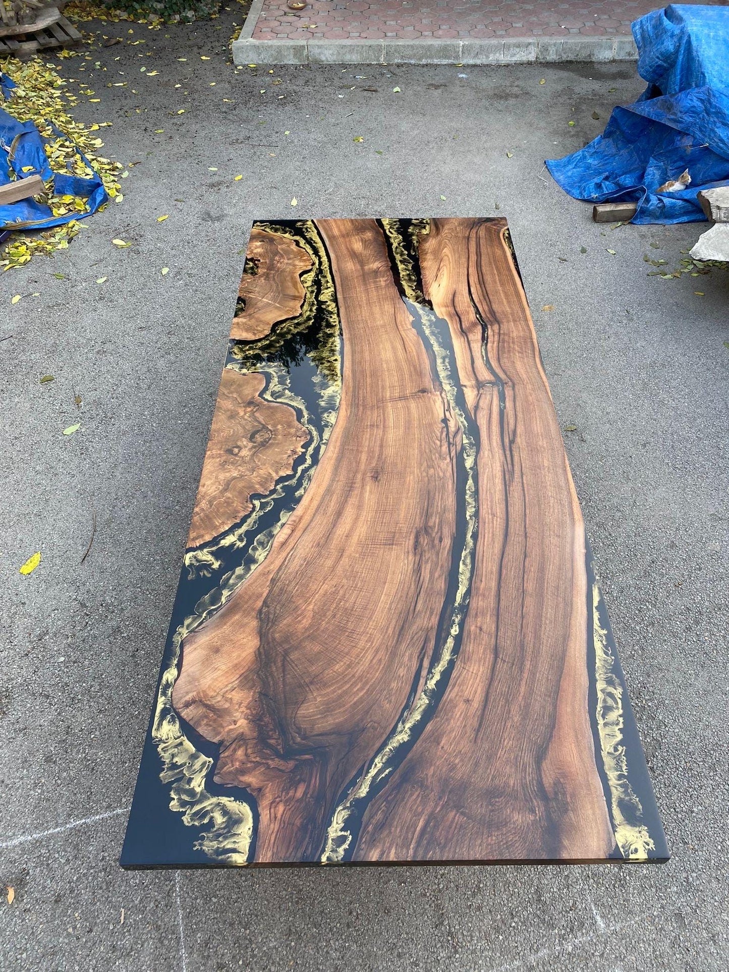 Walnut Epoxy Table, Custom 115” x 48" Black Epoxy Table, Gold Leaf Table, River Table, Live Edge Table, Epoxy Dining Table for Robert M