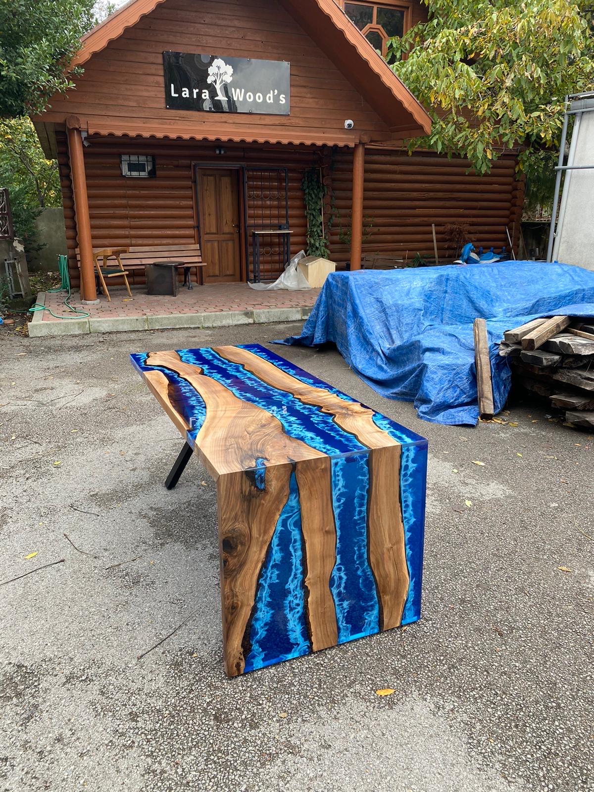 Custom 72” x 30” Walnut Ocean Blue, Turquoise White Waves Epoxy Table, Epoxy River Dining Waterfall Shape Table Order for Diane W