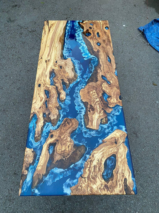 Olive Wood Table, Custom 72” x 30” Olive Wood Deep Blue and Turquoise White Epoxy Table, Epoxy Resin Table, River Table, for Patricia S