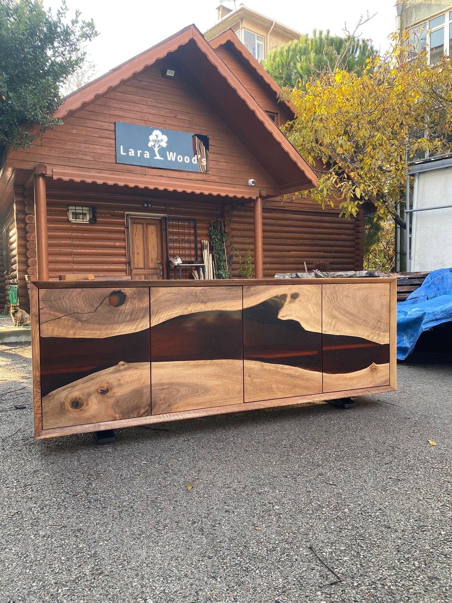 Black Epoxy Resin Credenza, Custom 80”L x 17”D x 30”H Walnut Credenza, Wood Credenza, Walnut Epoxy Credenza Order for Marie