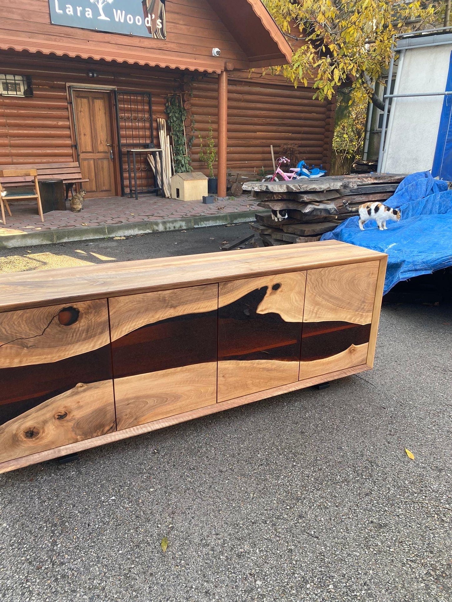 Black Epoxy Resin Credenza, Custom 80”L x 17”D x 30”H Walnut Credenza, Wood Credenza, Walnut Epoxy Credenza Order for Marie