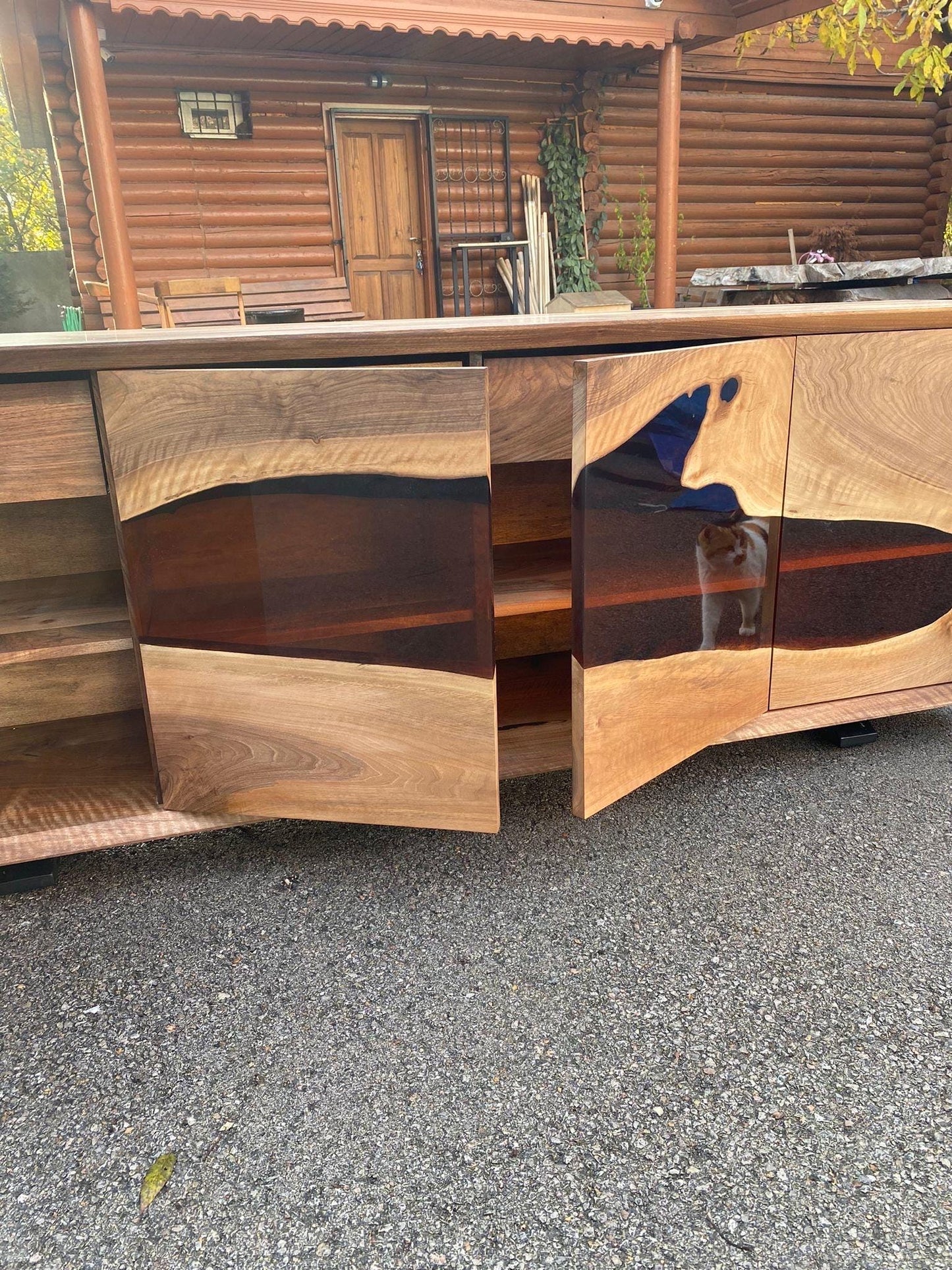 Black Epoxy Resin Credenza, Custom 80”L x 17”D x 30”H Walnut Credenza, Wood Credenza, Walnut Epoxy Credenza Order for Marie